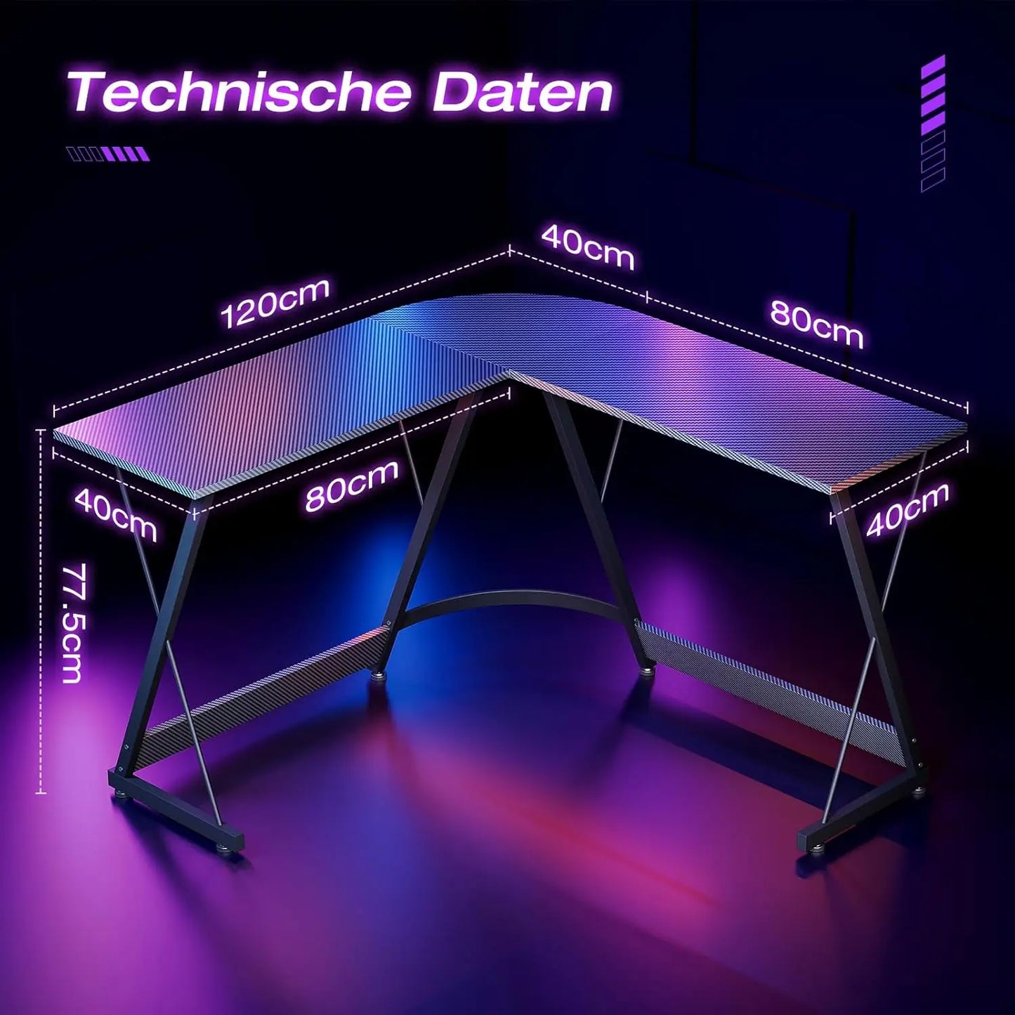 Coleshome Gaming Table 120x120 cm Gaming desk L Shape Stable Carbon Fiber Black