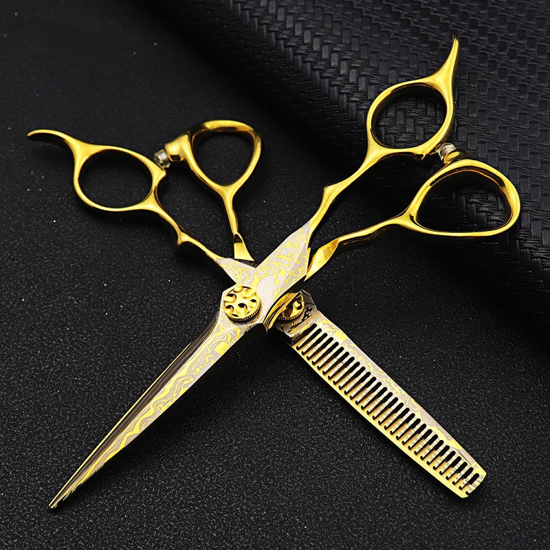 Damascus Hairdressing scissors Gold Professional 6 '' Flower screw haircut thinning barber tools shears hair cutting scissors