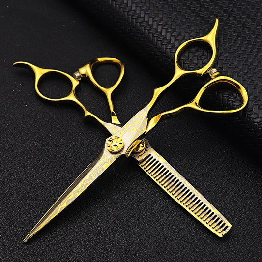 Damascus Hairdressing scissors Gold Professional 6 '' Flower screw haircut thinning barber tools shears hair cutting scissors