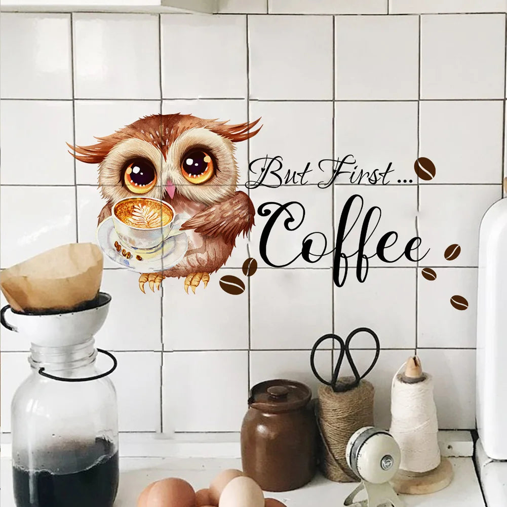 Cartoon Owl Coffee Cup Wall Sticker For Kitchen Restaurant Decoration Mural Cafe Pattern Room Home Decor Self-adhesive Wallpaper