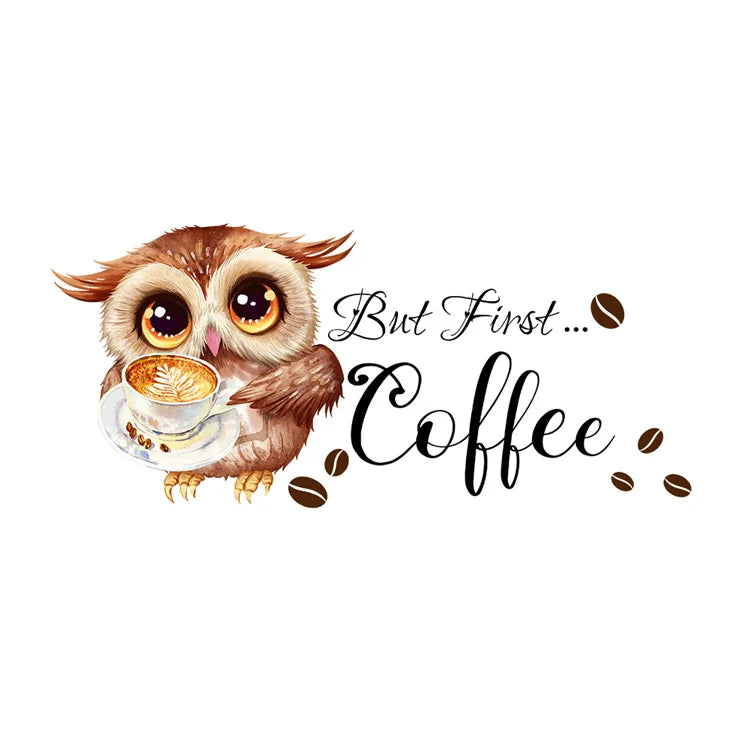 Cartoon Owl Coffee Cup Wall Sticker For Kitchen Restaurant Decoration Mural Cafe Pattern Room Home Decor Self-adhesive Wallpaper