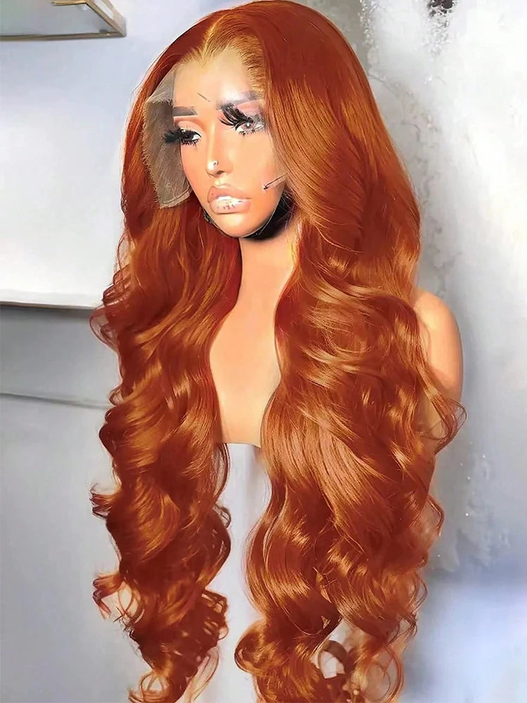 34 Inch 350# Ginger Orange Body Wave Burgundy Lace Front Wig Human Hair