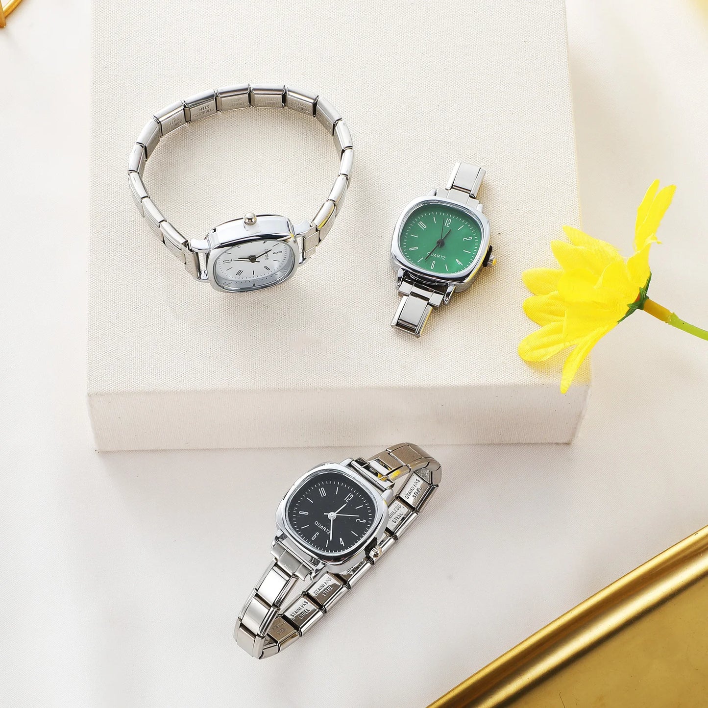 1PC Fashion Stainless Steel Round and Square Simple Watch Bracelet Bangle for Friend Birthday Men's Women's DIY Jewelry Gifts