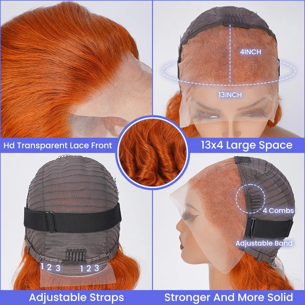 Ginger Orange 13x4 Lace Front Wigs Brazilian Human Hair 200% Density Body Wave Wig 350 Colored Human Hair Wig Pre Plucked