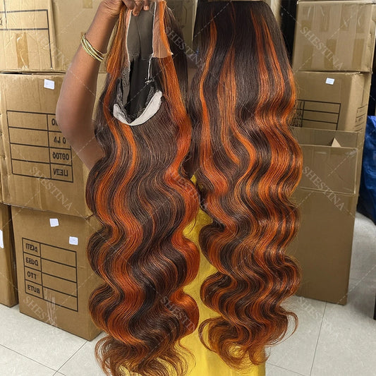 200% Ginger Brown Highlight Wig Human Hair Body Wave 13x4 Lace Front Wig PrePlucked Ombre Ginger Orange Colored 5x5 Glueless Wig