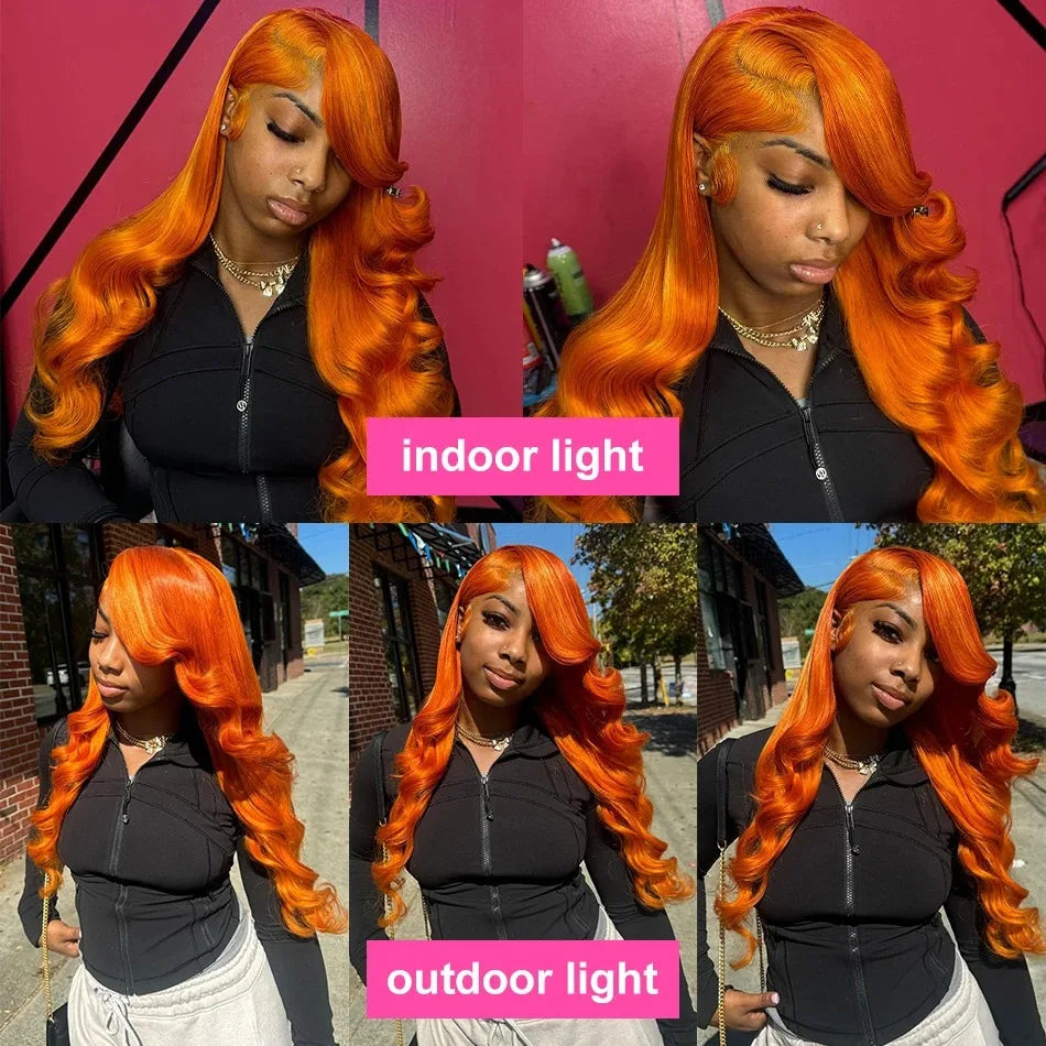 34 Inch 350# Ginger Orange Body Wave Burgundy Lace Front Wig Human Hair
