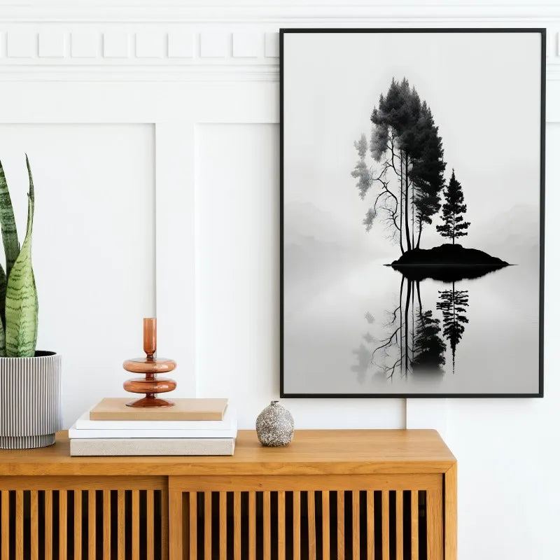Minimalist Black and White Mountain Tree Crow Landscape Poster Print Canvas Painting Abstract Wall Art Living Room Home Decor